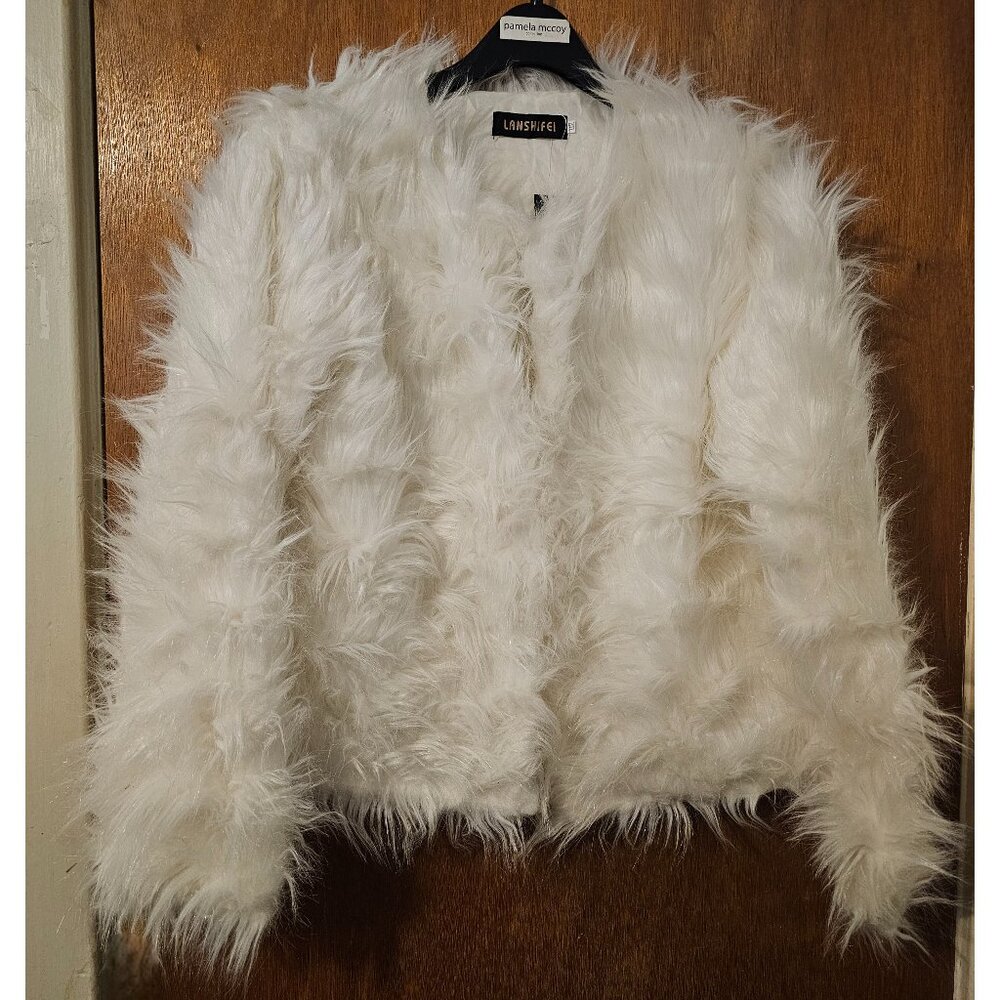 NWT XXXL Lanshifei Arctic White Shaggy Faux Fox Fur Coat Marabou